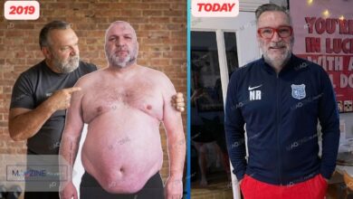 Neil Razor Ruddock weight loss transformation comparison 2019 vs 2025. Left side showing him at 27 stone holding a cutout, right side showing his 11 stone weight loss after gastric sleeve surgery.
