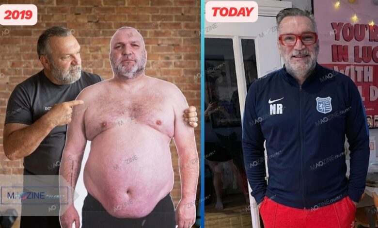 Neil Razor Ruddock weight loss transformation comparison 2019 vs 2025. Left side showing him at 27 stone holding a cutout, right side showing his 11 stone weight loss after gastric sleeve surgery.