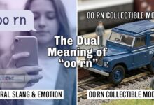 Featured image showing the dual meaning of oo rn: a girl looking emotional on a phone representing the slang, and an Oxford Diecast Royal Navy Land Rover representing the collectible model.
