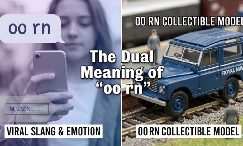 Featured image showing the dual meaning of oo rn: a girl looking emotional on a phone representing the slang, and an Oxford Diecast Royal Navy Land Rover representing the collectible model.