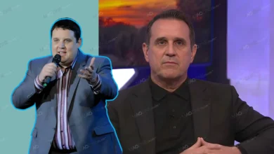 A side-by-side comparison showing comedian Peter Kay before his weight loss on stage, and a recent 2025 photo revealing his significant transformation.