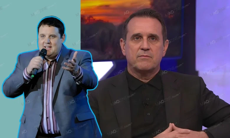 A side-by-side comparison showing comedian Peter Kay before his weight loss on stage, and a recent 2025 photo revealing his significant transformation.