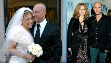 Collage of Tracy-Ann Oberman and her real-life husband Rob Cowan. Left: A rare photo from their private wedding in December 2004. Right: The couple attending a red carpet event together.