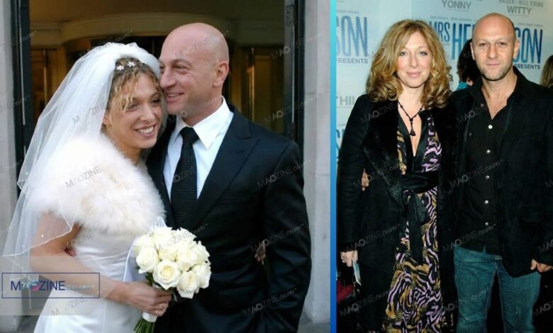 Collage of Tracy-Ann Oberman and her real-life husband Rob Cowan. Left: A rare photo from their private wedding in December 2004. Right: The couple attending a red carpet event together.
