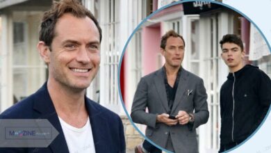 Rudy Law walking with father Jude Law in London, casual street style photo