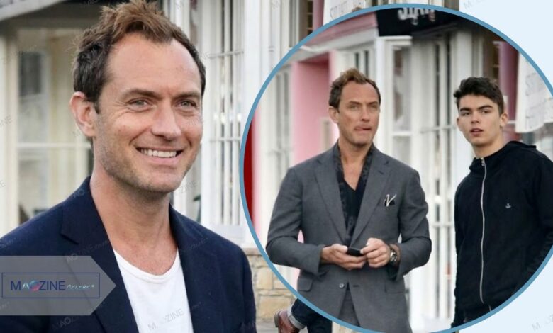 Rudy Law walking with father Jude Law in London, casual street style photo