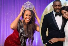 Collage showing Sabrina Dhowre crowning moment as Miss Vancouver 2014 on the left versus posing with husband Idris Elba on the right.
