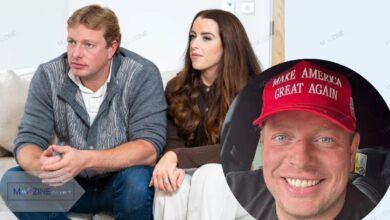Thomas Skinner sitting with wife Sinéad Chambers alongside a portrait of him wearing a MAGA hat.