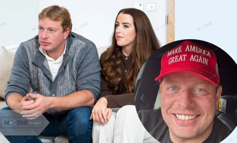 Thomas Skinner sitting with wife Sinéad Chambers alongside a portrait of him wearing a MAGA hat.