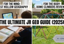 Feature image for "The Ultimate Jr Geo Guide (2025)" article. A split-screen view shows a child studying at a desk with a globe and tablet under text labeled "For the Mind: Guest Hollow Geography," alongside a child climbing a colorful outdoor geometric dome structure under text labeled "For the Body: Dome Climbers Reviewed."