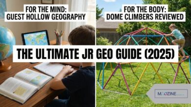 Feature image for "The Ultimate Jr Geo Guide (2025)" article. A split-screen view shows a child studying at a desk with a globe and tablet under text labeled "For the Mind: Guest Hollow Geography," alongside a child climbing a colorful outdoor geometric dome structure under text labeled "For the Body: Dome Climbers Reviewed."