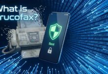 Smartphone displaying Trucofax secure app with shield icon replacing an old dusty fax machine background