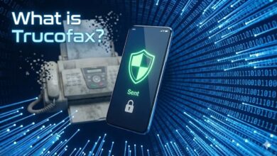 Smartphone displaying Trucofax secure app with shield icon replacing an old dusty fax machine background