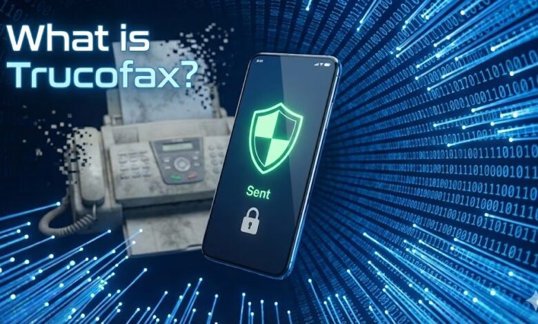 Smartphone displaying Trucofax secure app with shield icon replacing an old dusty fax machine background