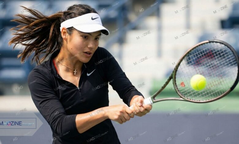 Emma Raducanu hitting a powerful two-handed backhand during Australian Open 2026 training session.