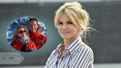 Corinna Schumacher portrait and a throwback circle photo of her with husband Michael Schumacher in red Ferrari gear.