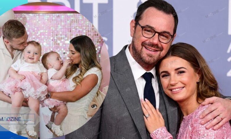 A collage of Dani Dyer's family life: posing on the right with her father, actor Danny Dyer, and (inset) with her husband Jarrod Bowen holding their twin daughters, Star and Summer.