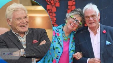 John Playfair (Prue Leith’s Husband) wearing colourful fashion glasses and blue jacket alongside wife Prue Leith.