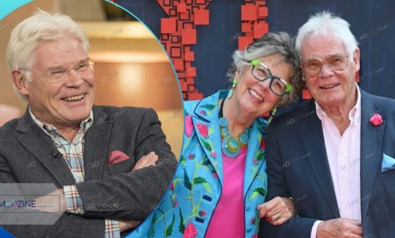 John Playfair (Prue Leith’s Husband) wearing colourful fashion glasses and blue jacket alongside wife Prue Leith.