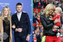 Lisa Roughead with husband Michael Carrick at red carpet event and holding their child in Manchester United kit at stadium.