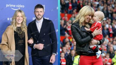 Lisa Roughead with husband Michael Carrick at red carpet event and holding their child in Manchester United kit at stadium.