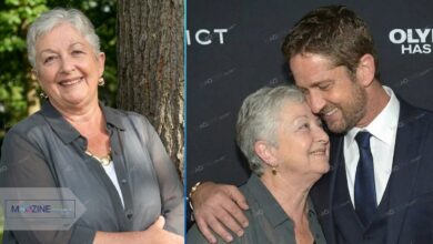Margaret Butler (Margaret Coll) smiling portrait and hugging her son, actor Gerard Butler, at a red carpet event.