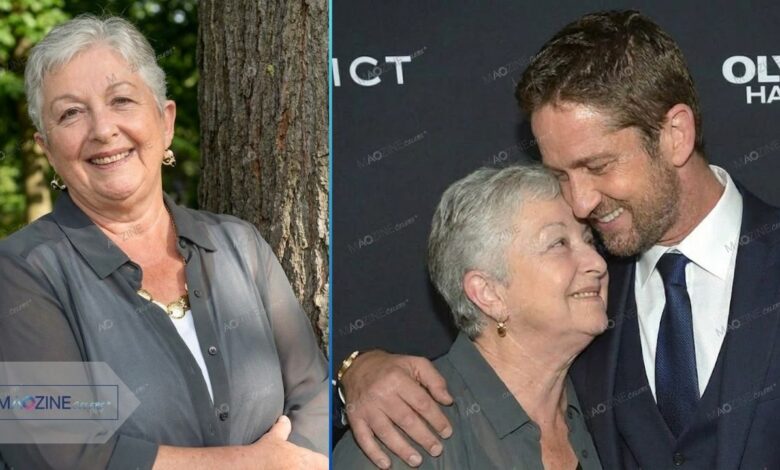 Margaret Butler (Margaret Coll) smiling portrait and hugging her son, actor Gerard Butler, at a red carpet event.