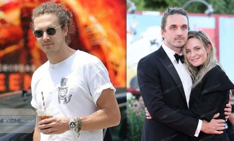 Rory St. Clair Gainer with long hair and sunglasses (left) and posing with wife Rebecca Ferguson in a black dress at the Venice Film Festival red carpet (right).