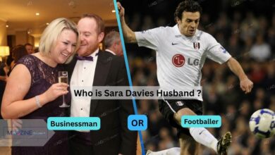 Comparison showing Sara Davies with her businessman husband Simon Davies (left) versus former Fulham footballer Simon Davies (right).