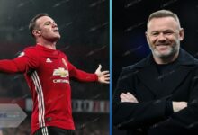 A split-screen image showing Wayne Rooney celebrating a goal for Manchester United and a modern portrait of Wayne Rooney as a football manager.