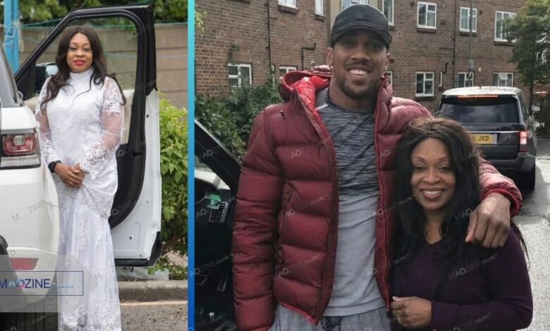 A collage showing Yeta Odusanya posing in a white dress on the left, and hugging her son heavyweight champion Anthony Joshua on the right. Magzine Celebs watermark visible.