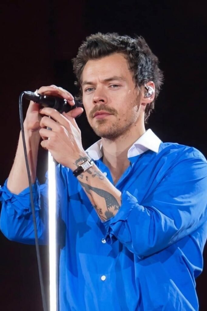 Harry Styles holding a mic in his concert.